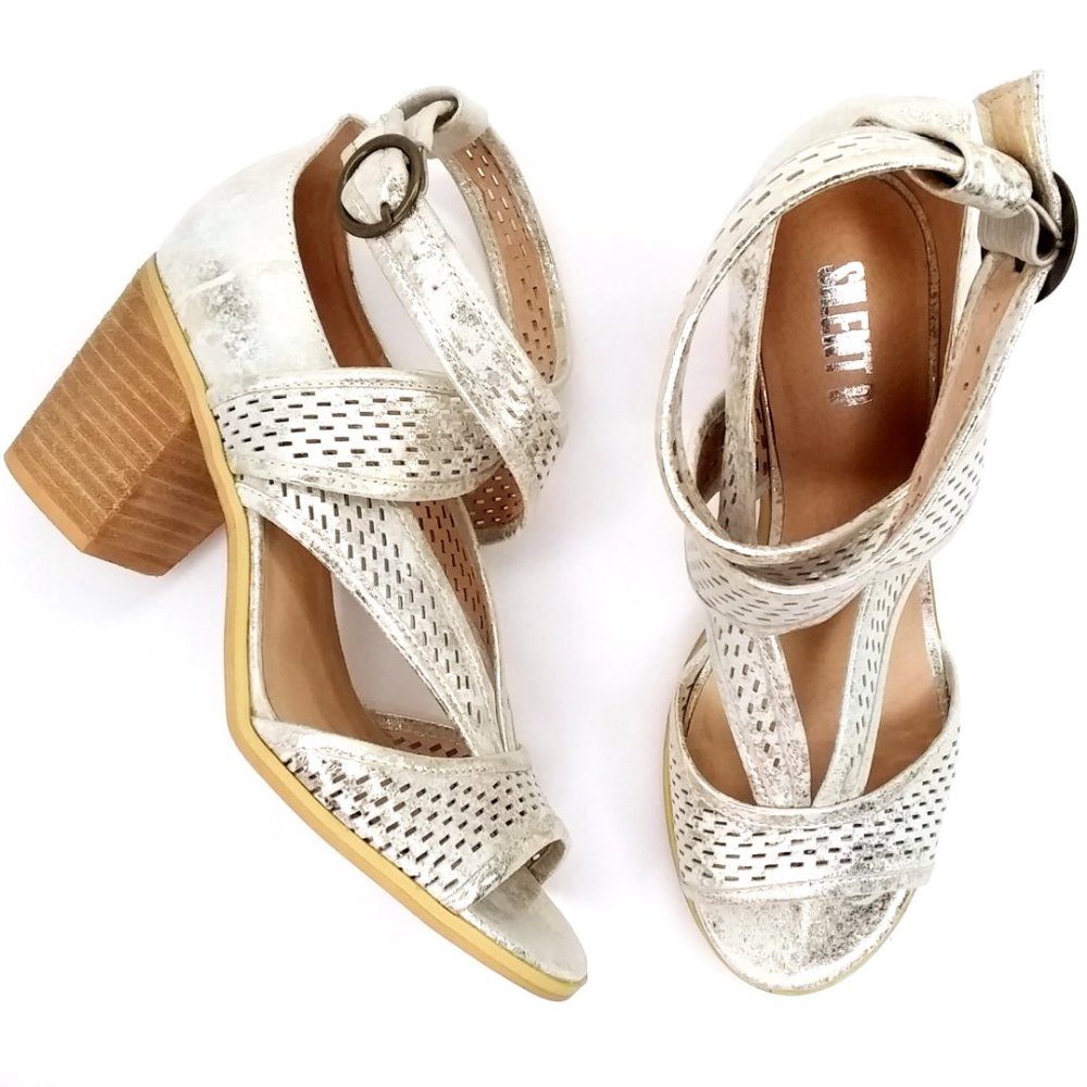 Silent D Moonlit Metallic Leather Sandals Block Heel